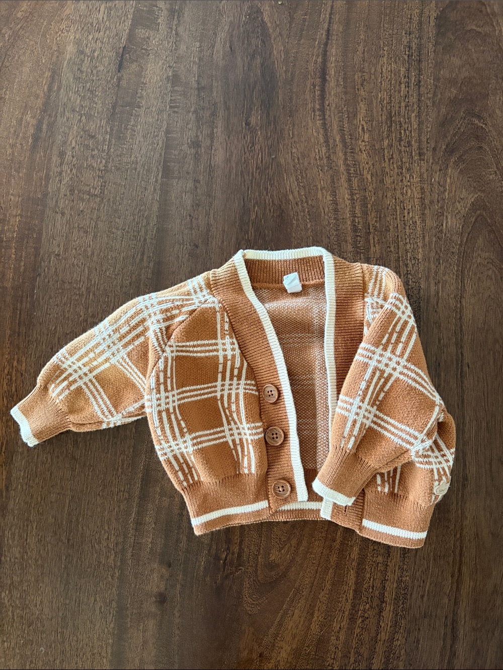 Plaid Knit Cardigan Sweater - Tan & Cream